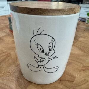 Rae Dunn Tweety Bird White Ceramic Canister Jar with Wooden Lid